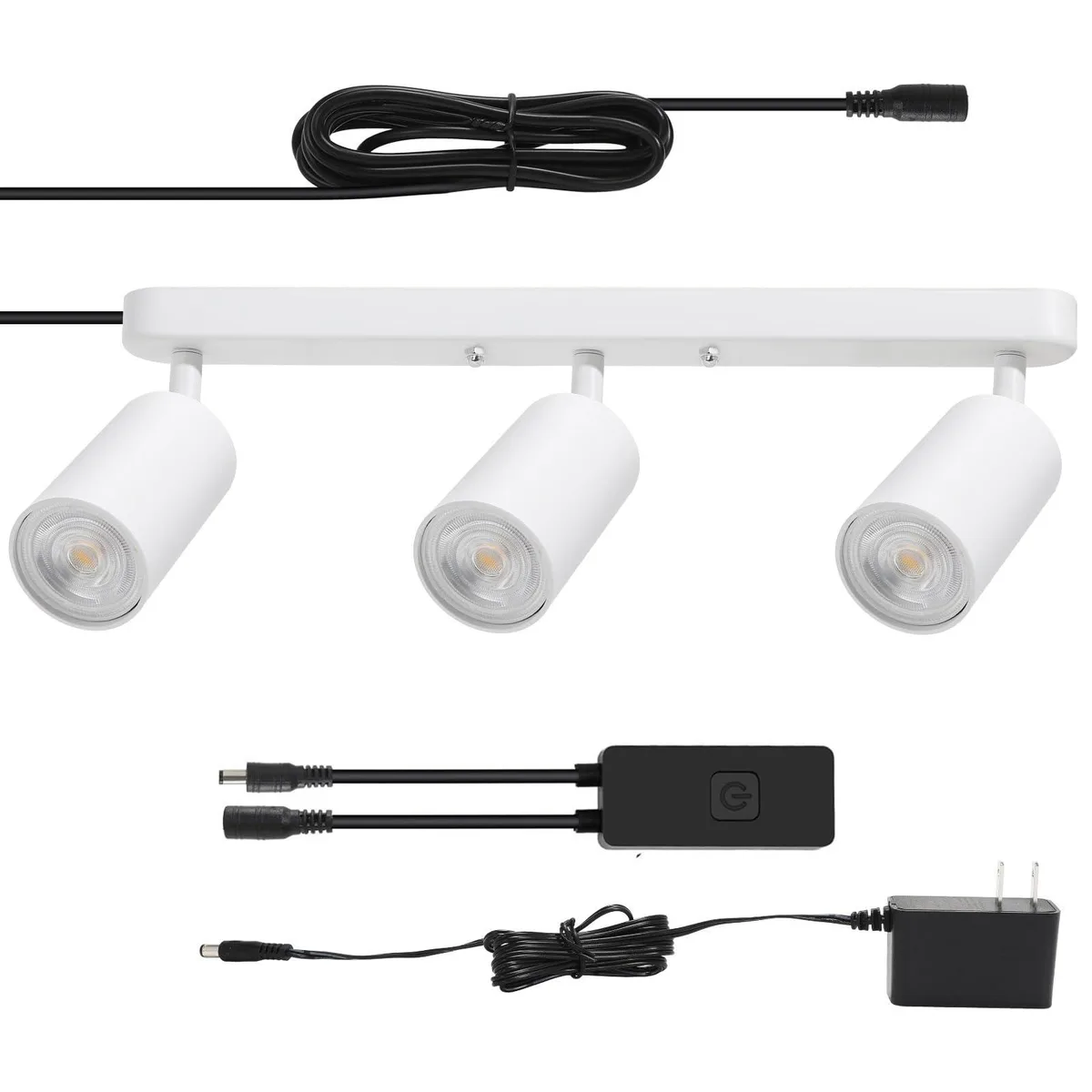 White three-head plug-in track light kit with rotatable aluminium heads and power cord