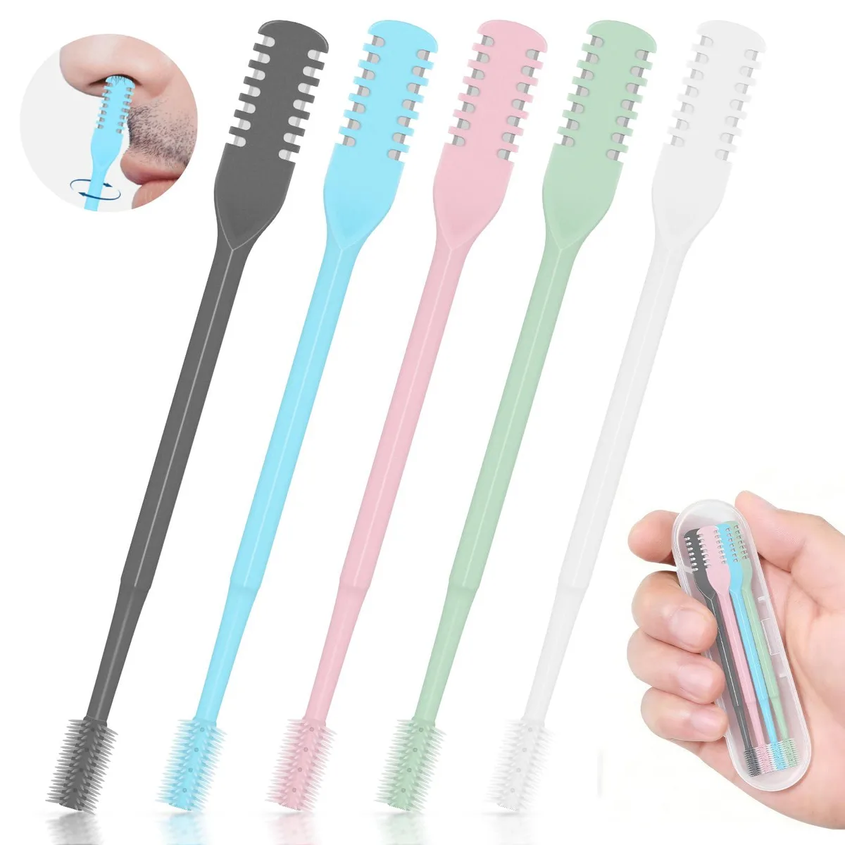 Five manual nose hair trimmers in assorted colors with rotating heads and a cleaning brush