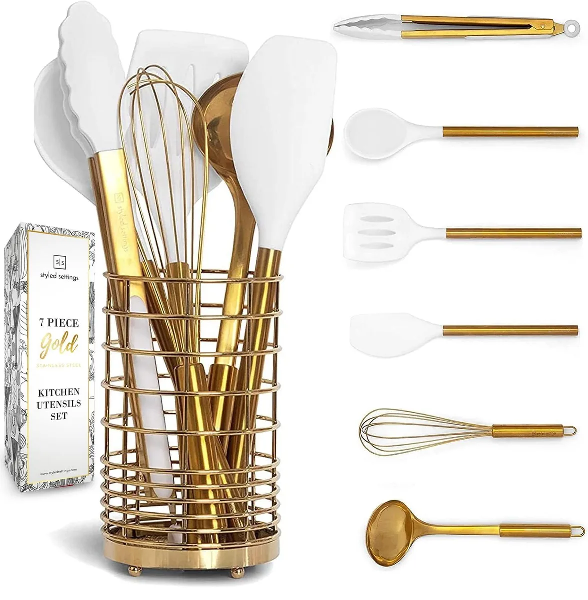 White and gold 7-piece silicone utensil set in matching holder