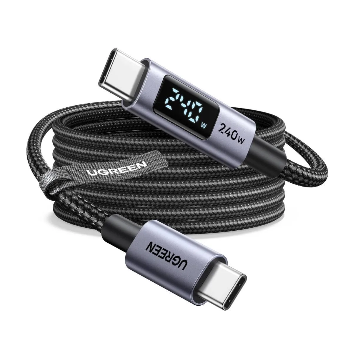 Black braided USB-C cable with LED display on one connector, ten feet long