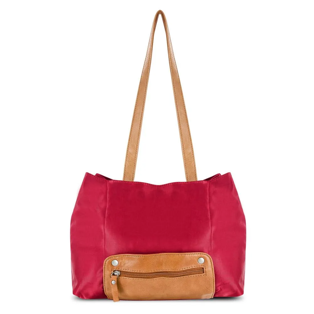 Red nylon mini tote with leather trim, dual handles, foldable design
