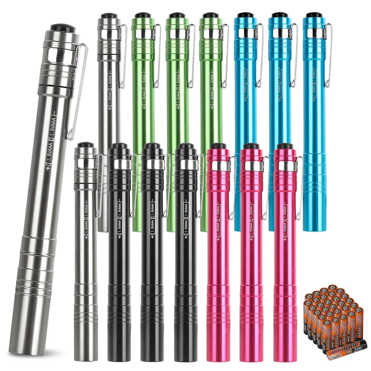 Fifteen silver aluminium penlights with pocket clips, 30 AAA batteries included