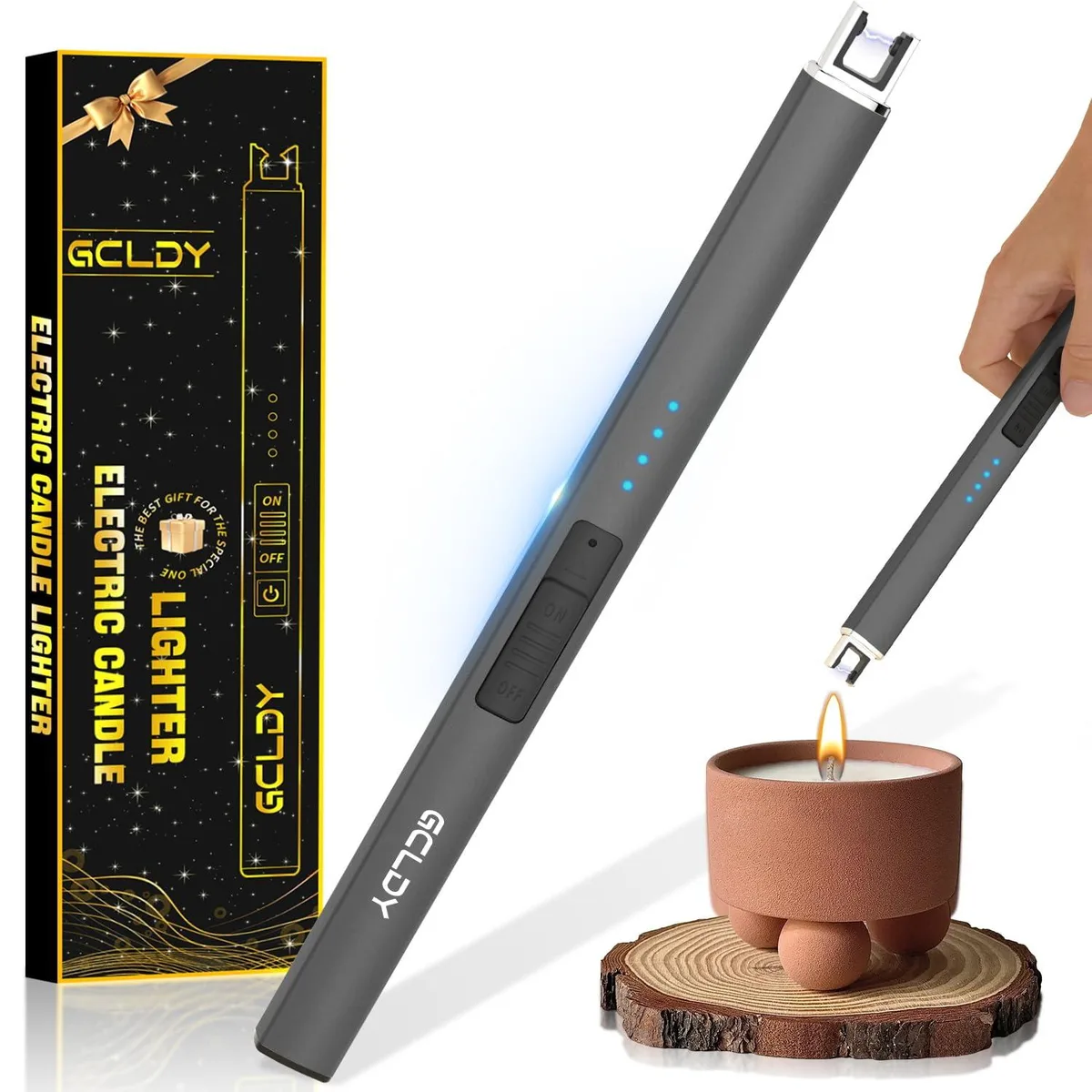 Space Gray aluminium arc lighter, long slender form with retractable tip