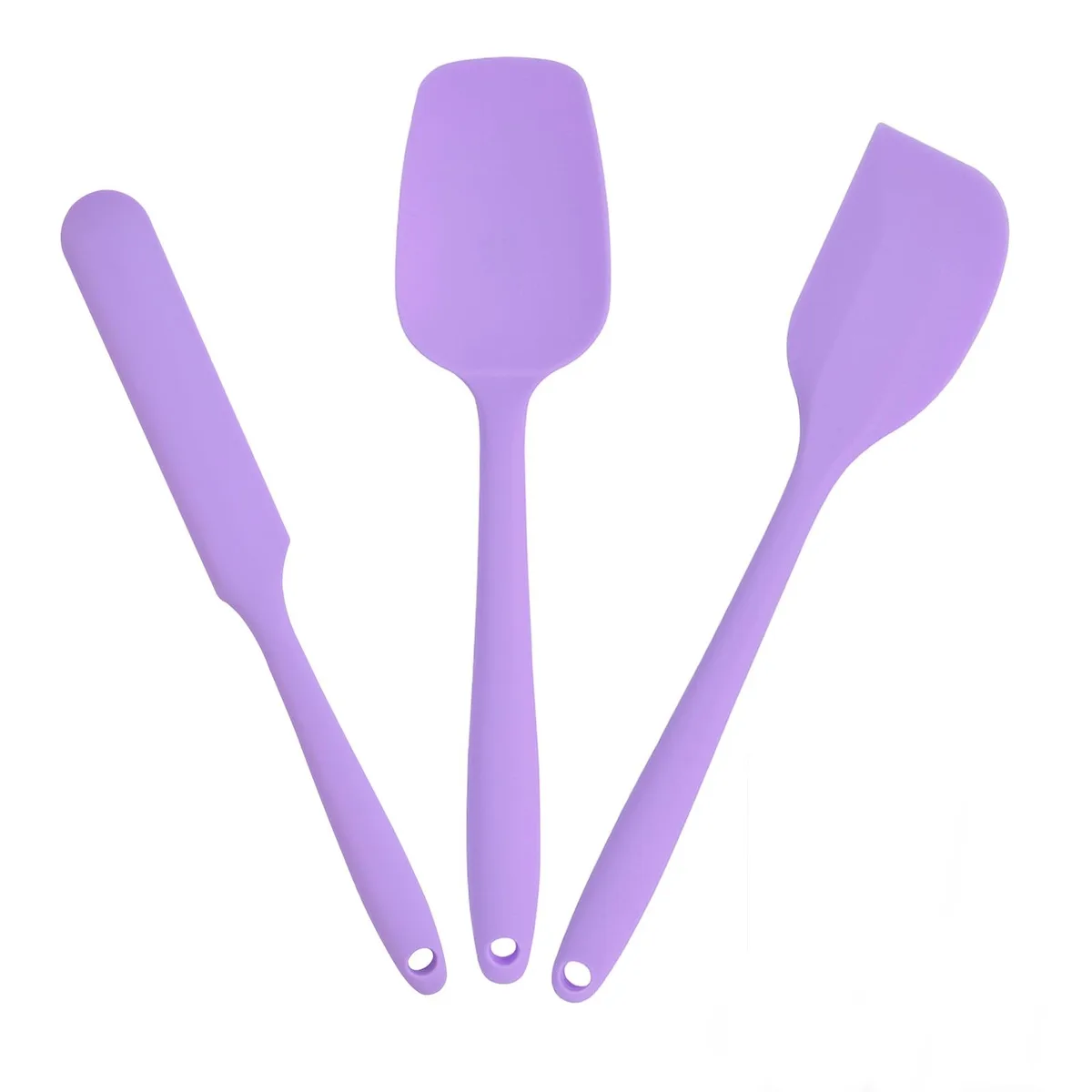 Three purple silicone cooking utensils with ergonomic handles
