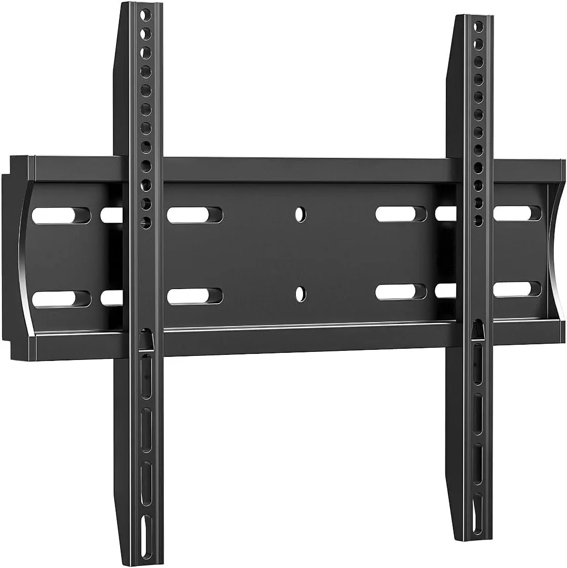 Black metal TV wall bracket with low-profile arms and mounting holes visible