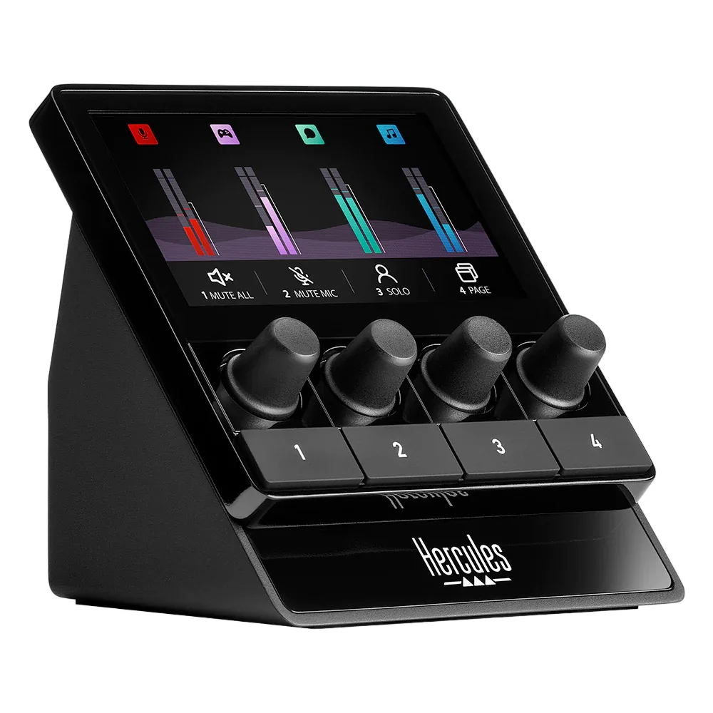 Compact square audio mixer with 4.3 inch LCD screen, four rotary encoders, four action buttons, matte black finish
