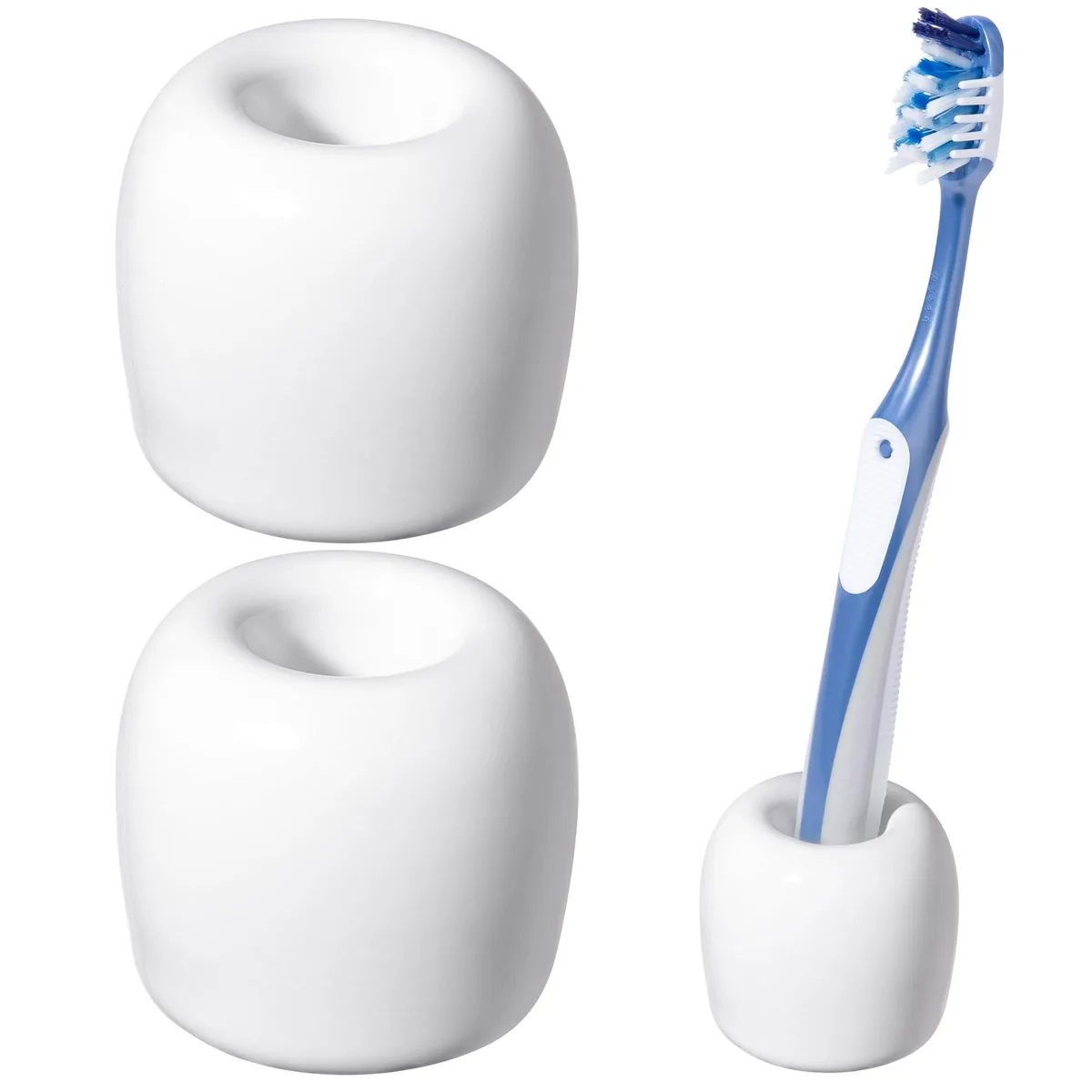 Two white ceramic toothbrush holders, compact rectangular form, smooth matte finish