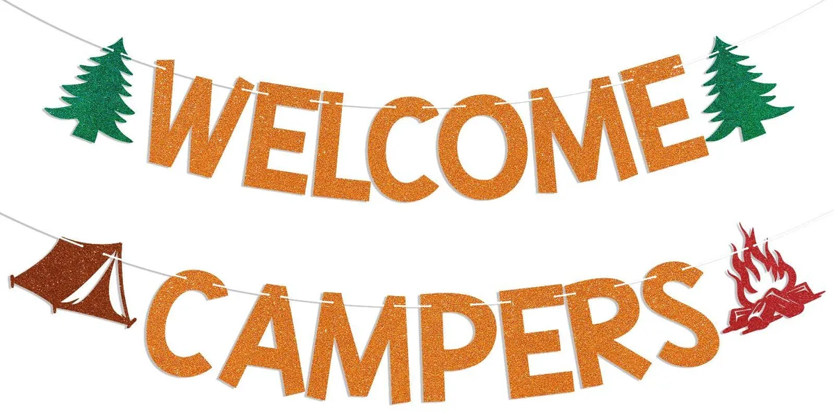 Orange glitter "Welcome Campers" banner on 400gsm cardstock, 2025 design