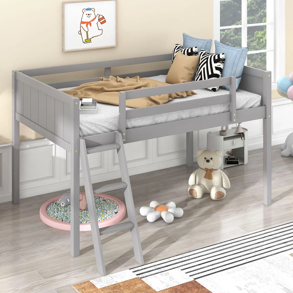 tuphen tuphen Twin Size Low Loft Bed with Ladder Gray — product photo