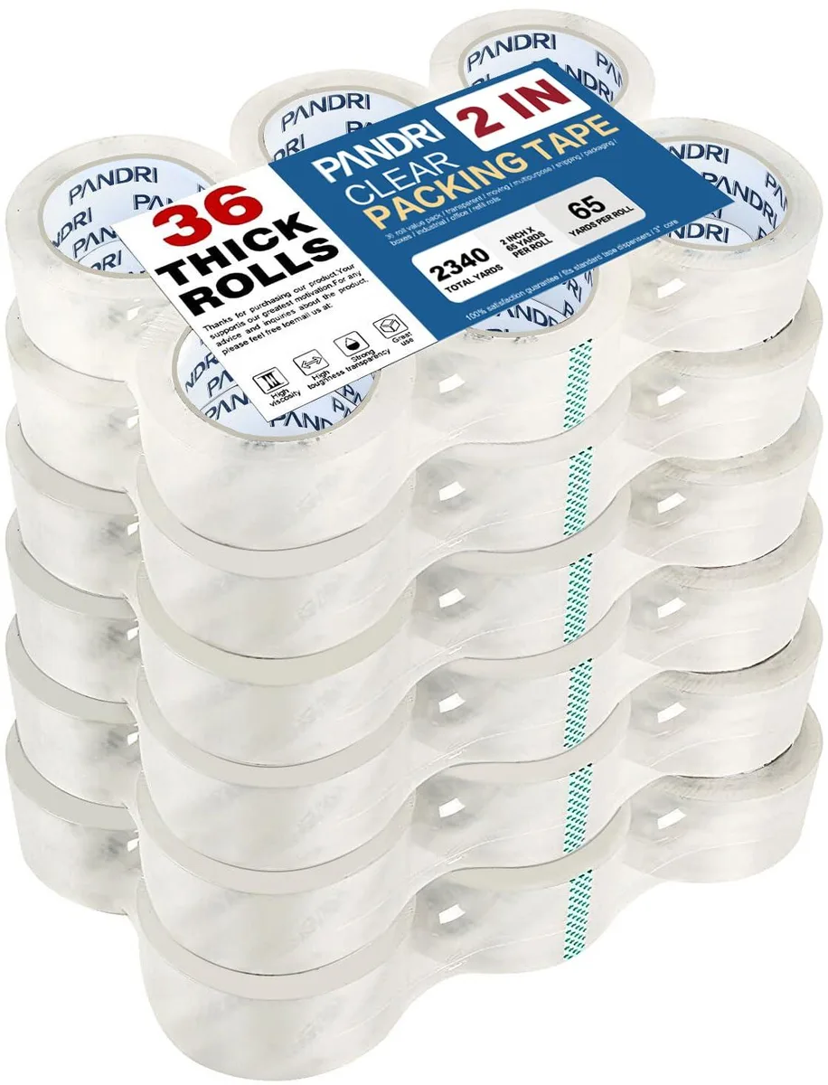 Thirty-six clear packing tape rolls on a shelf
