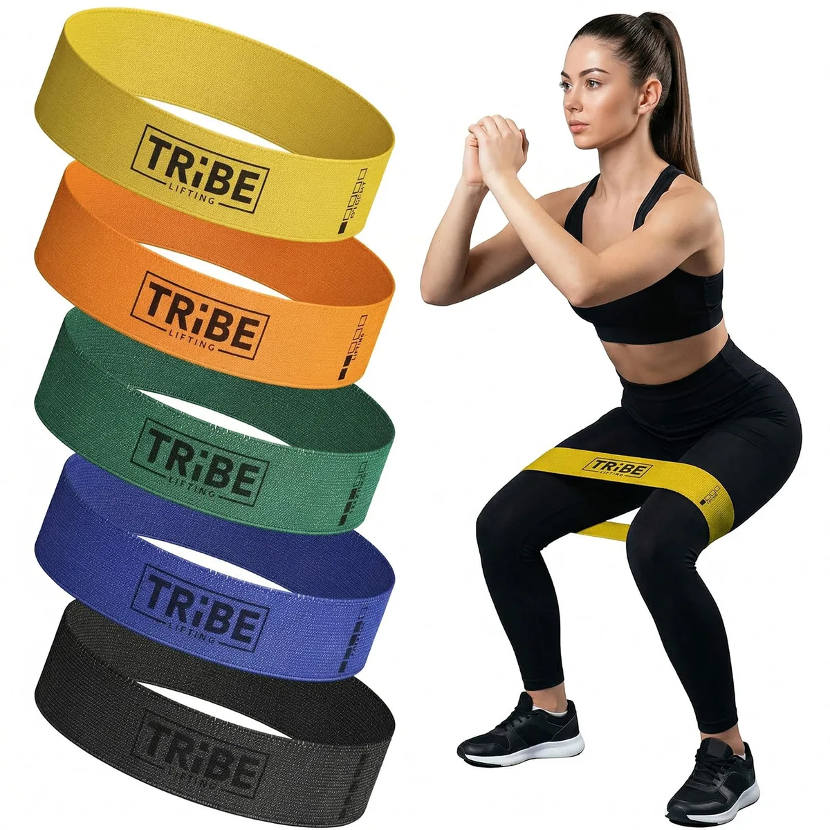 Five multicolour fabric loop bands laid flat, each 12 by 2 inches with grippy inner weave