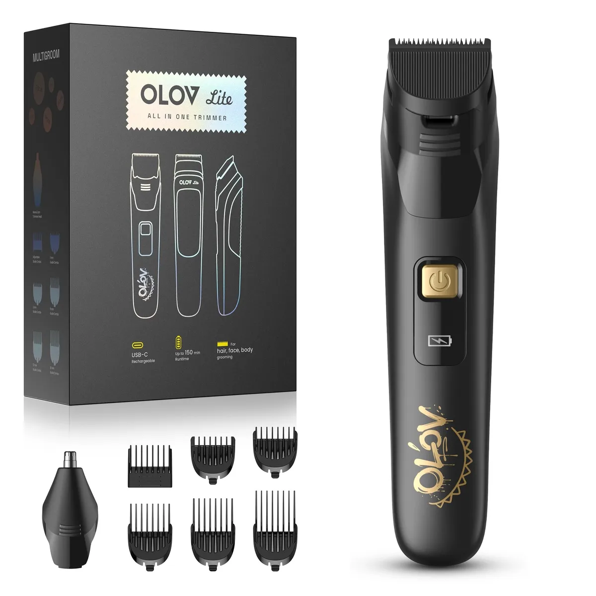 Black cylindrical grooming kit with multiple trimmer heads and guide combs