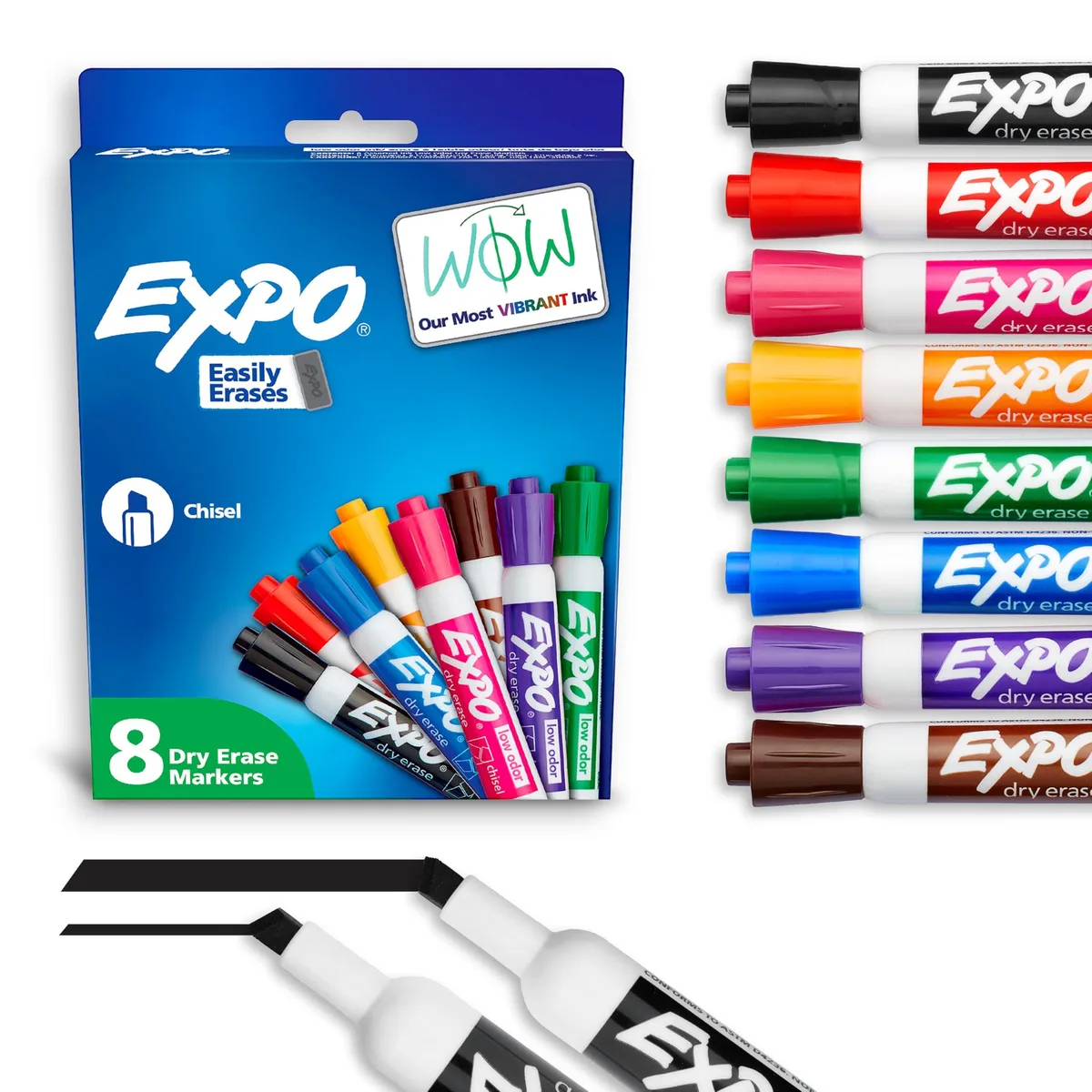 A set of eight EXPO dry-erase markers with chisel tips in assorted colours