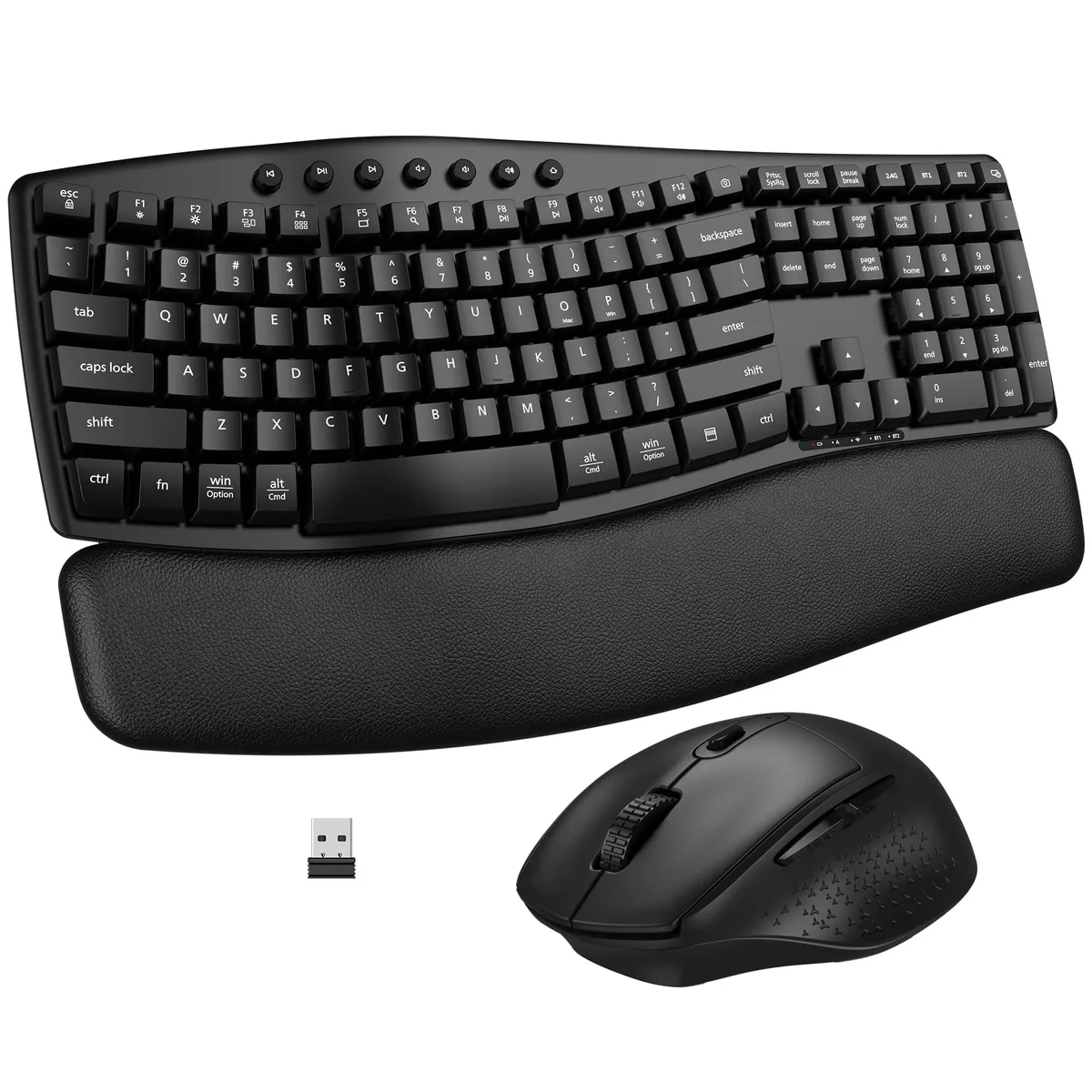 Black ergonomic wireless keyboard and mouse combo with wave keys, foam wrist rest, foldable stand and 2 mm thick 50-inch mat