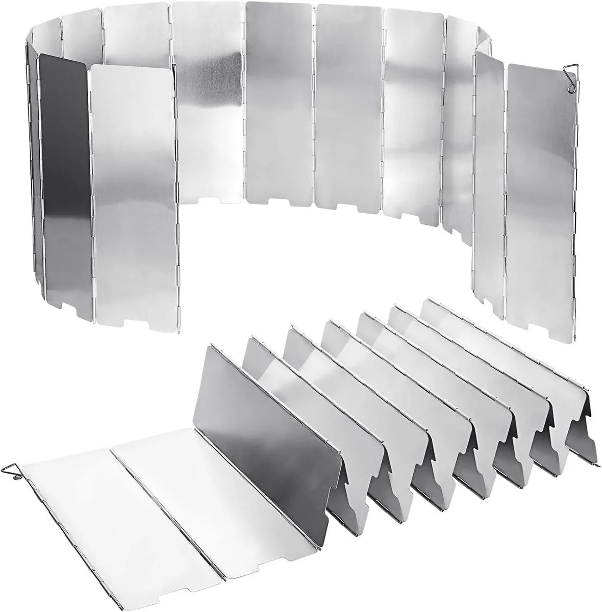 Two folded aluminum windscreens with 16 hinged plates each, silver finish, in a drawstring bag