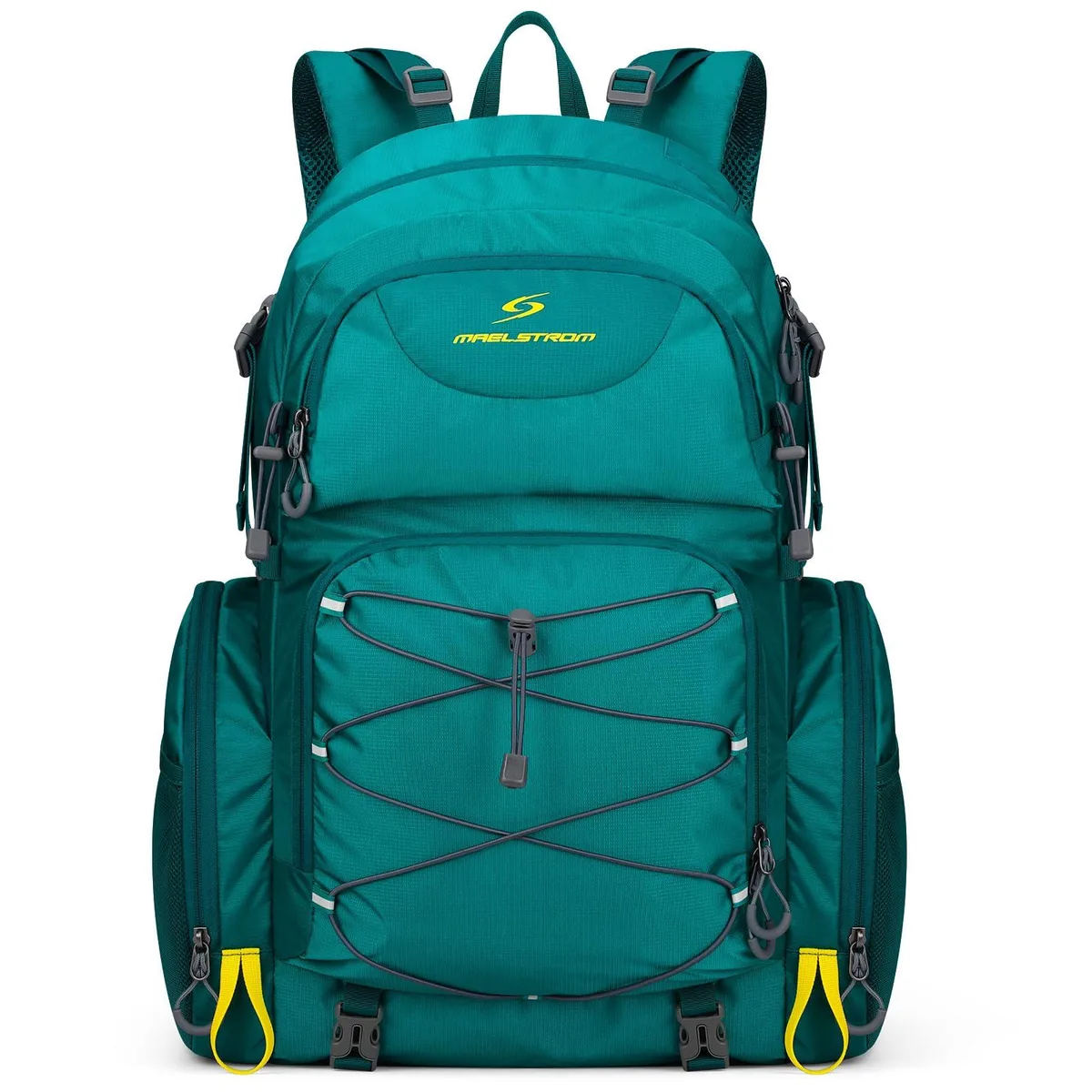 Green nylon 40L hiking backpack with rain cover, side pockets, and trekking pole loops