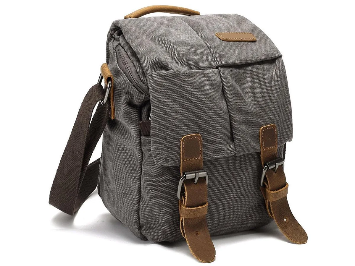 BONAEVER BONAEVER Vintage Canvas Camera Bag Waterproof Leather DSLR SLR Messenger Shoulder Bag 7.8 in — product photo