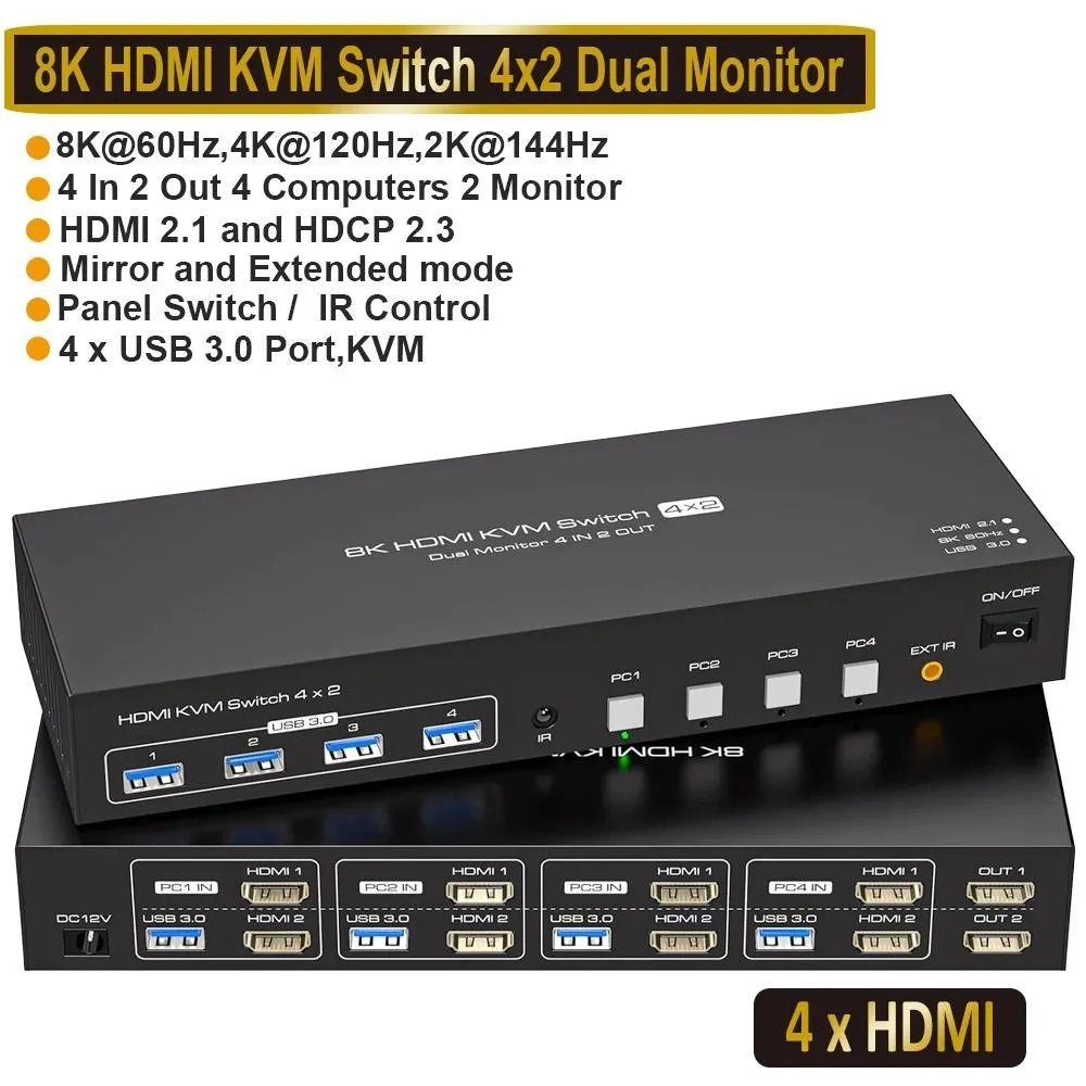ESTONE ESTONE SW243-2HD 4-Port Dual Monitor HDMI KVM Switch 8K60 4K120 4×USB 3.0 — product photo