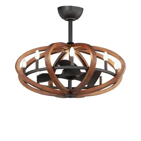 Ceiling fan with distressed Ash wood rings in Antique Pecan finish and integrated LED light kit