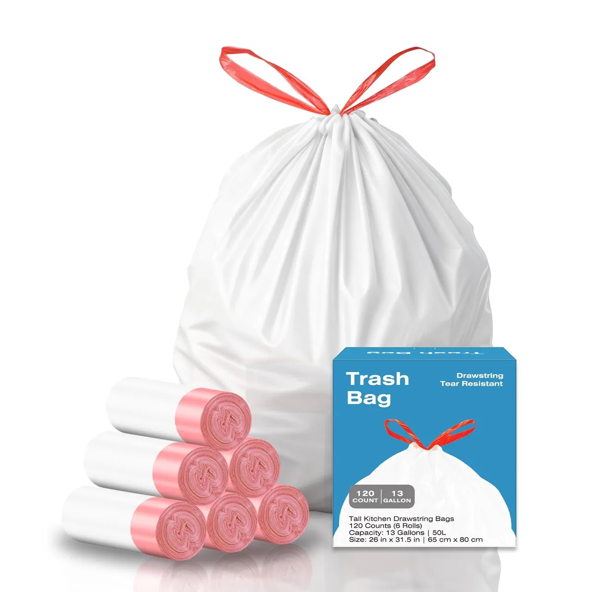 White drawstring trash bags on rolls, 120 count