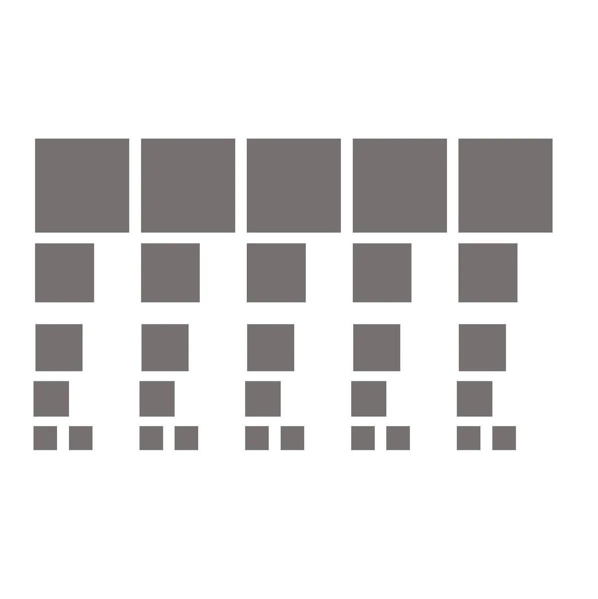 Thirty small rectangular thermal pads in six sizes, grey silicone finish, soft and slightly sticky