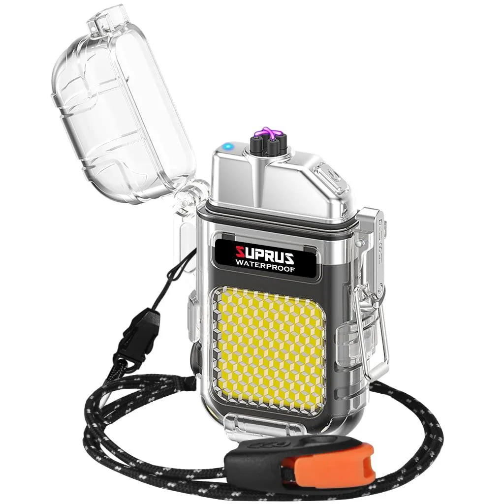 Black stainless steel dual arc plasma lighter with integrated flashlight whistle and lanyard