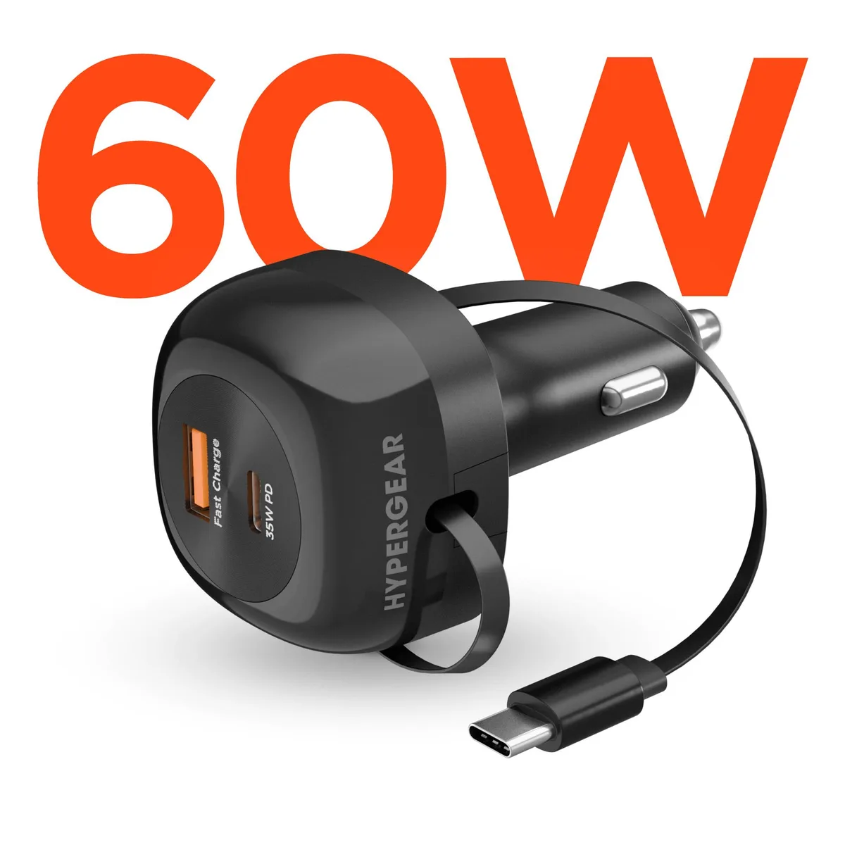 HyperGear HyperGear SpeedBoost 60W Retractable Car Charger 31.5in 3-in-1 USB-C Cable PD 30W USB-C Port PD 35W USB-A 18W — product photo
