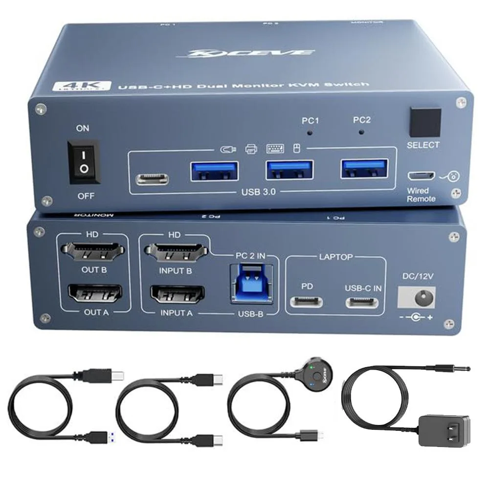 Hitoor Hitoor 202CH USB C HDMI KVM Switch 2 PC 2 Monitors 4K@60Hz 60W Charging — product photo