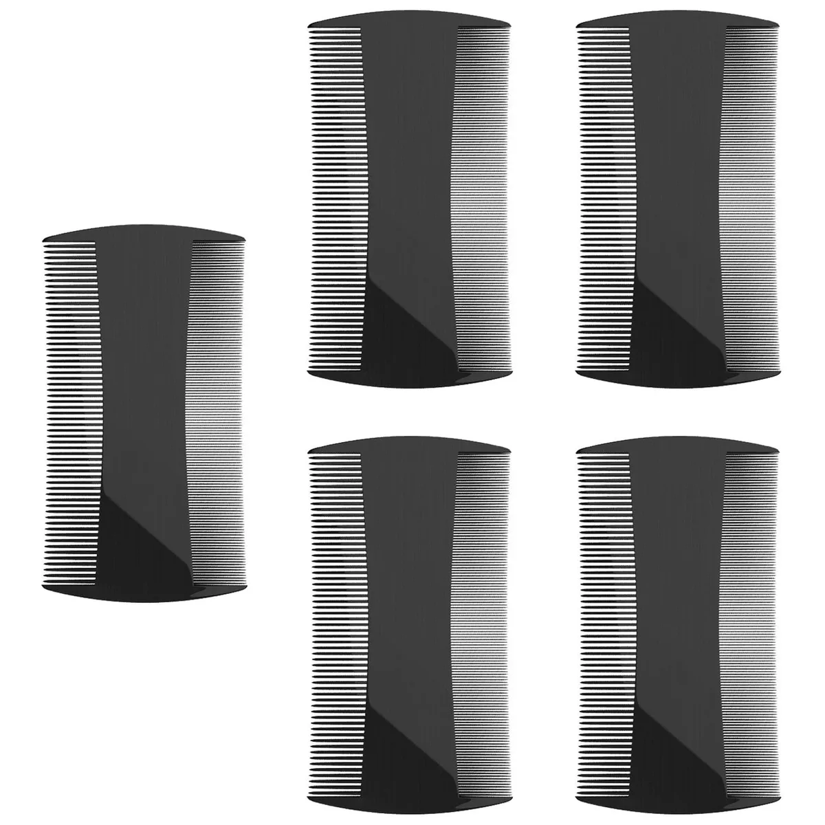 Five black plastic pocket combs with fine and coarse teeth