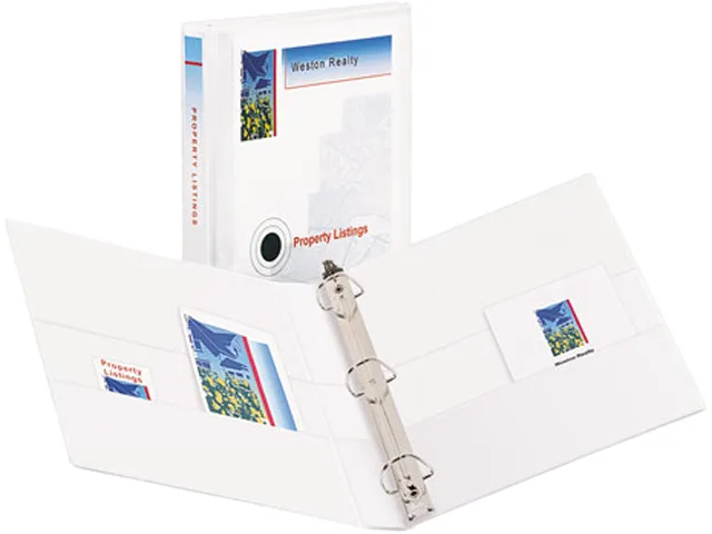 Red and white slant-ring view binder with clear cover pockets and two inside pockets