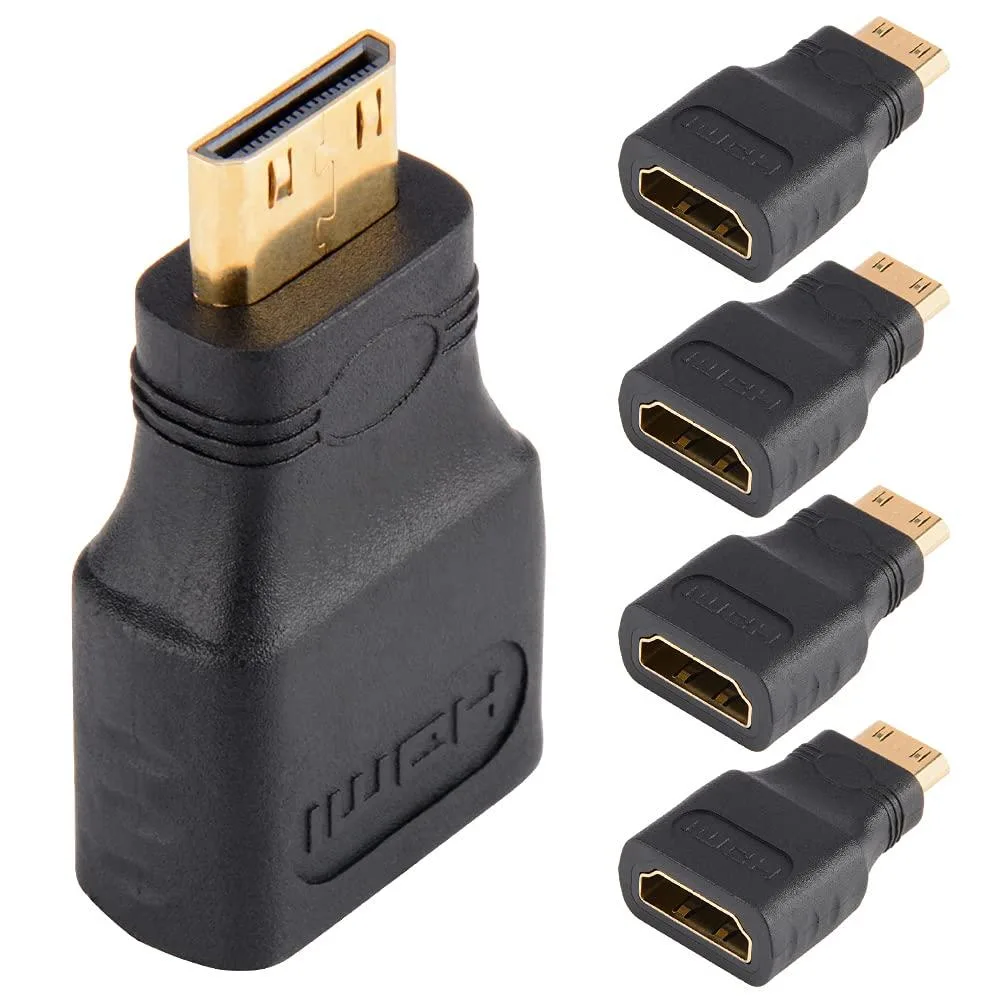 Five gold-plated mini HDMI female to male adapters with black PVC bodies