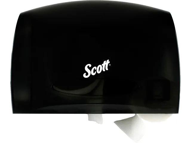 Black wall-mounted coreless jumbo roll tissue dispenser, rectangular with smooth curved edges
