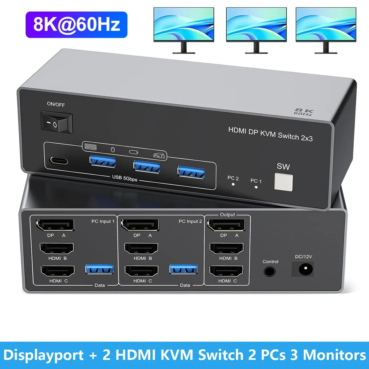 IHDAPP IHDAPP 2 HDMI 1 DP KVM Switch 2 PC 3 Mon 8K 60Hz — product photo