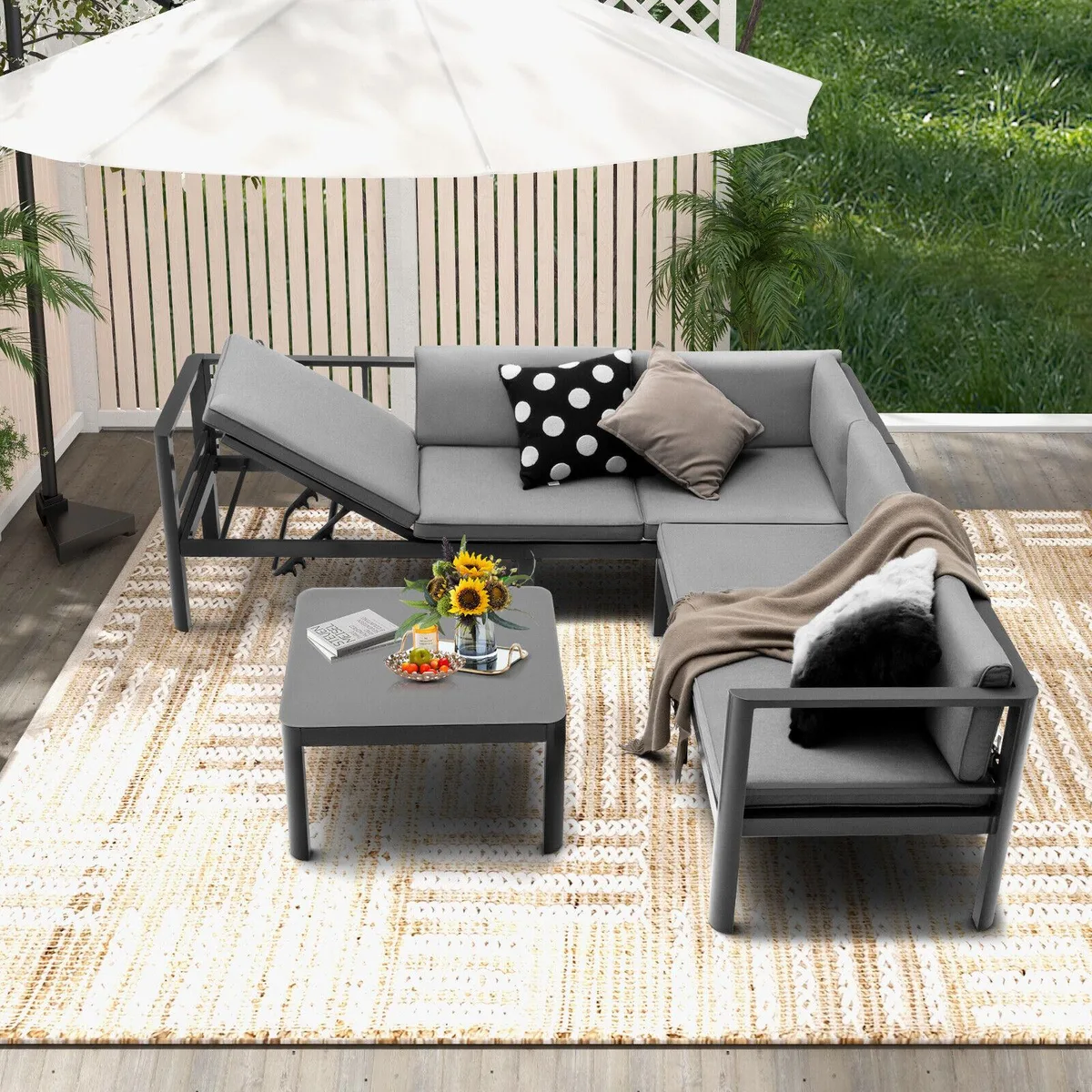 Grey aluminium patio set with three pieces including sofa, loveseat and coffee table