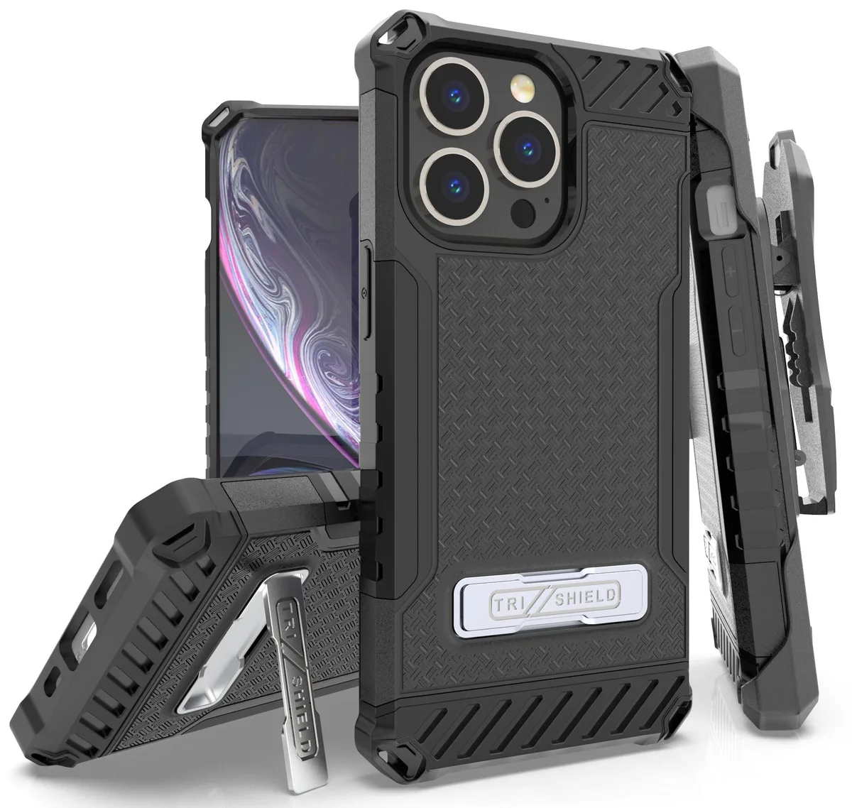 Nakedcellphone Nakedcellphone Tri-Shield Kickstand Case + Belt Clip Holster + Lanyard Strap for iPhone 13 Pro Black — product photo