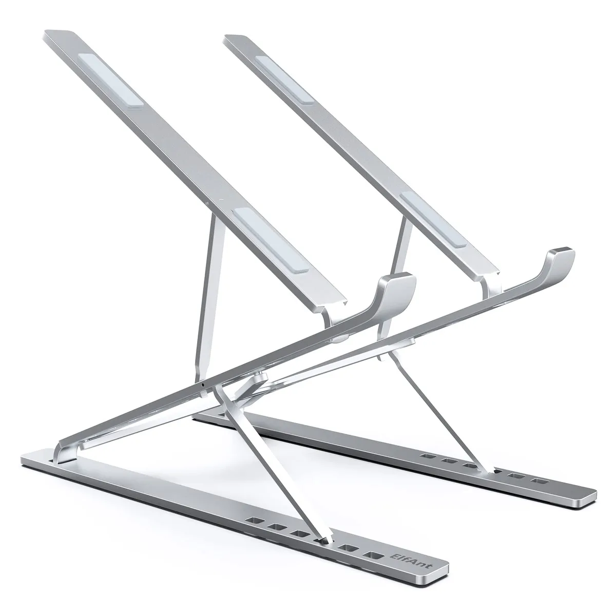 Black aluminium laptop stand, folded flat, 14.33in wide, 12.83in high, 9.06in deep