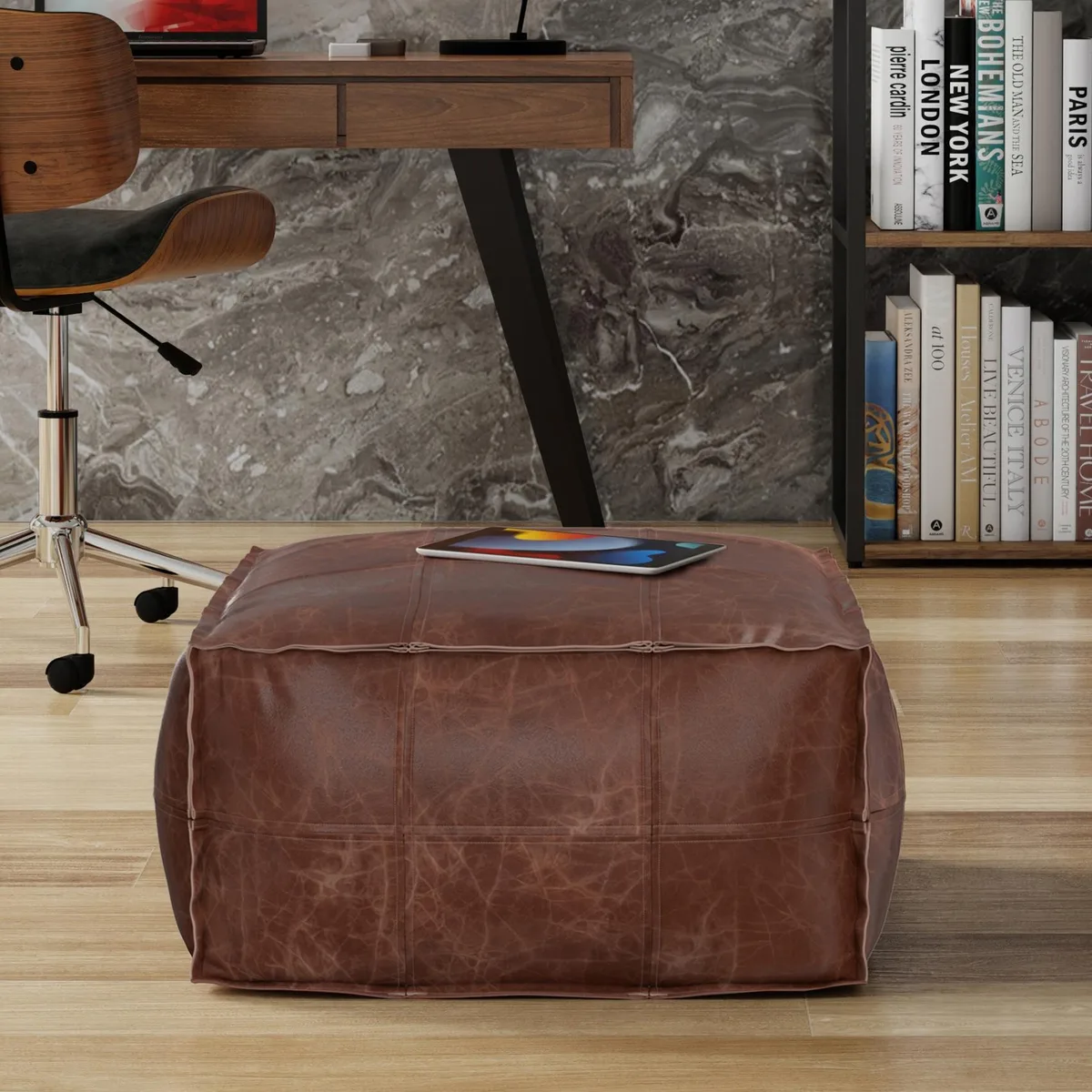 tuphen tuphen Sheffield Coffee Table Pouf Distressed Brown Leather 26 14 — product photo