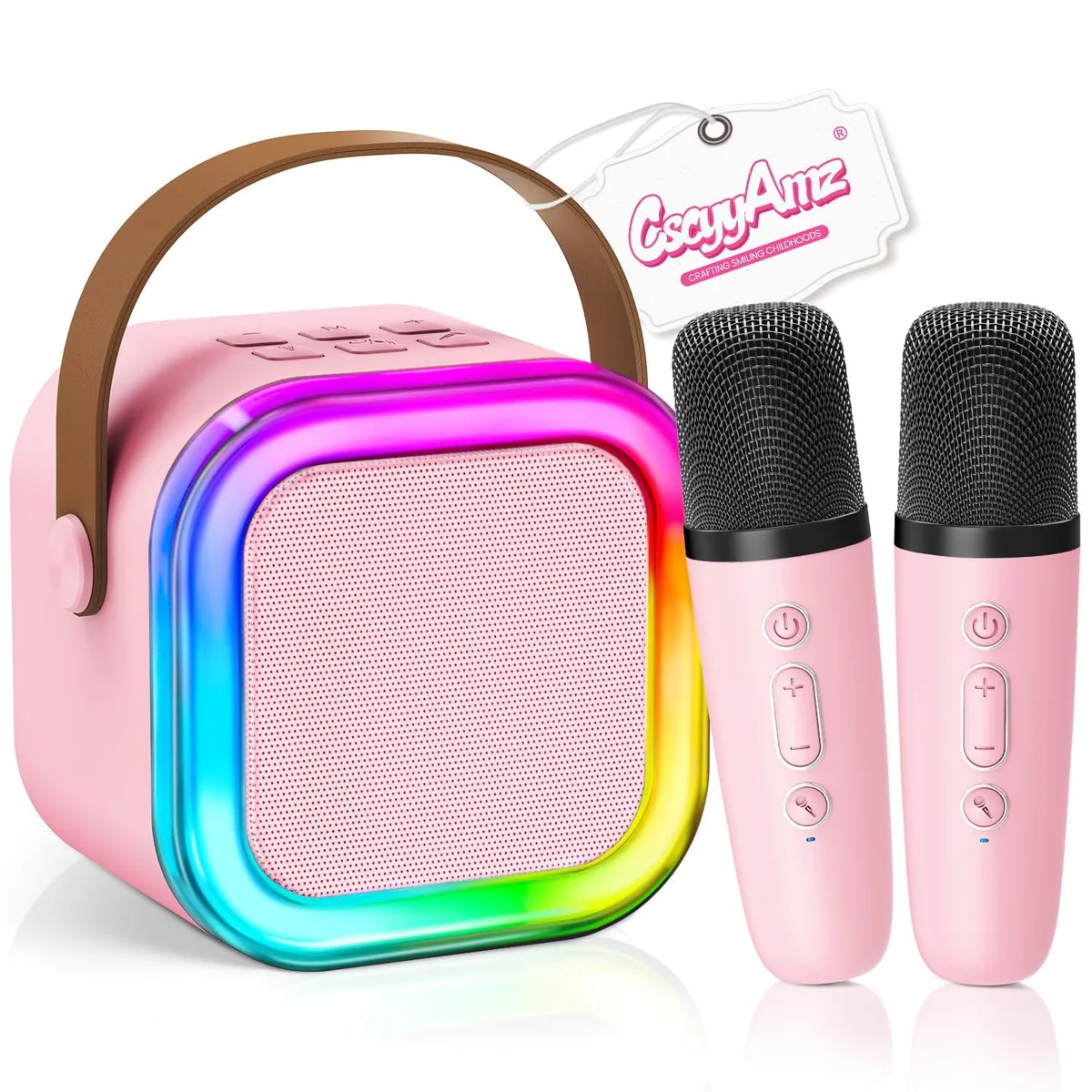  CscyyAmz K-51 Karaoke System with 2 Wireless Microphones, Bluetooth 5.3, Pink — product photo