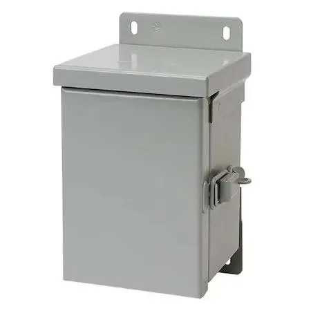 Gray powder-coated steel electrical enclosure with hinged solid cover and padlock hasp