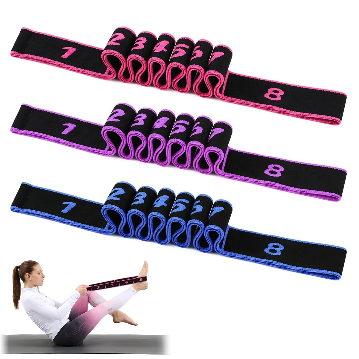 Three flat resistance bands, 90 cm long and 2.25 mm thick, in assorted two-tone colours