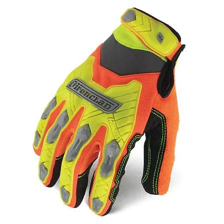 High-visibility orange and lime mechanics gloves with TPR knuckle guards and hook-and-loop cuffs