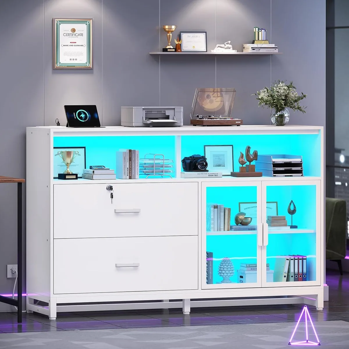 BFKK BFKK 59 inch File Cabinet 2 Drawers with Lock Power Outlets LED Lights White — product photo