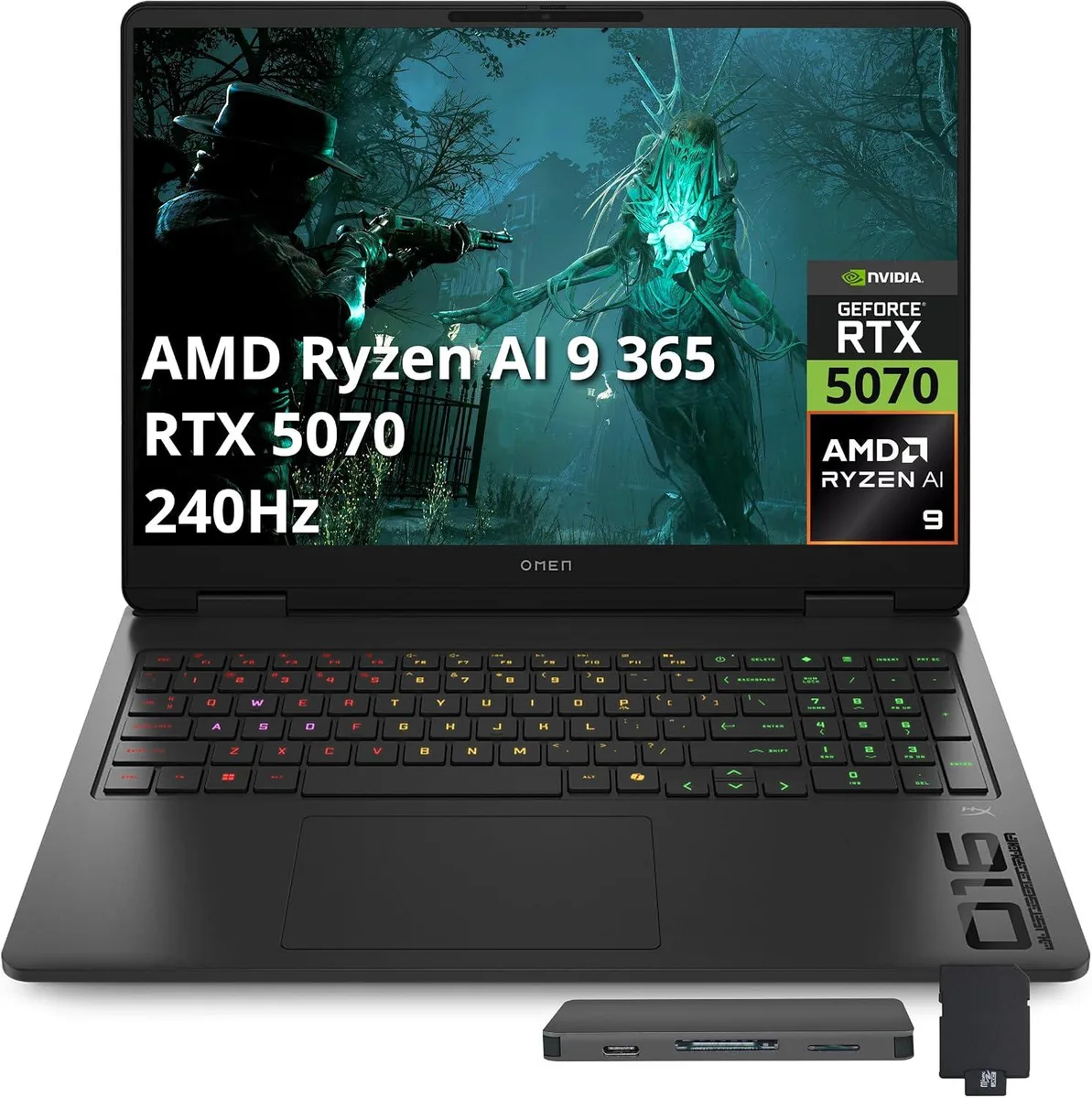 HP HP OMEN 16 gaming laptop AMD Ryzen AI 9 365 RTX 5070 32GB DDR5 3TB storage docking station — product photo