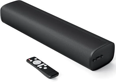 Black 17-inch soundbar with fabric grille and compact rectangular form