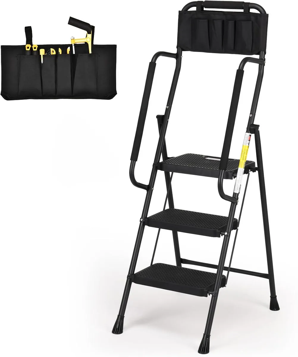 Black three-step steel ladder with handrails and rubber feet