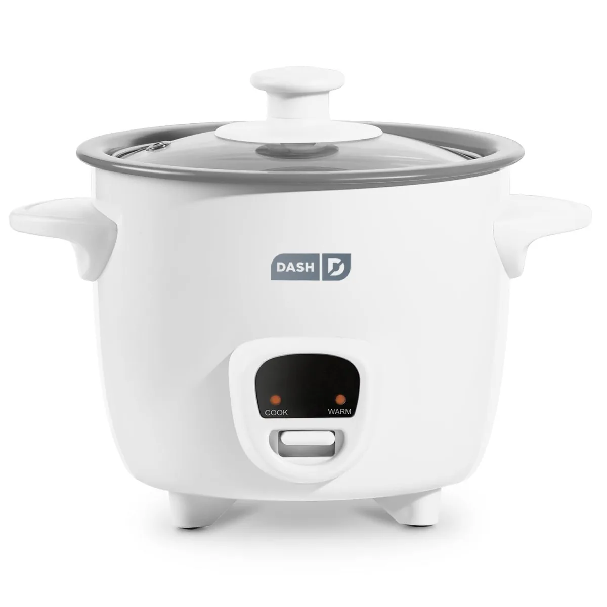 Compact white ceramic mini rice cooker with ceramic lid and cool-touch handles