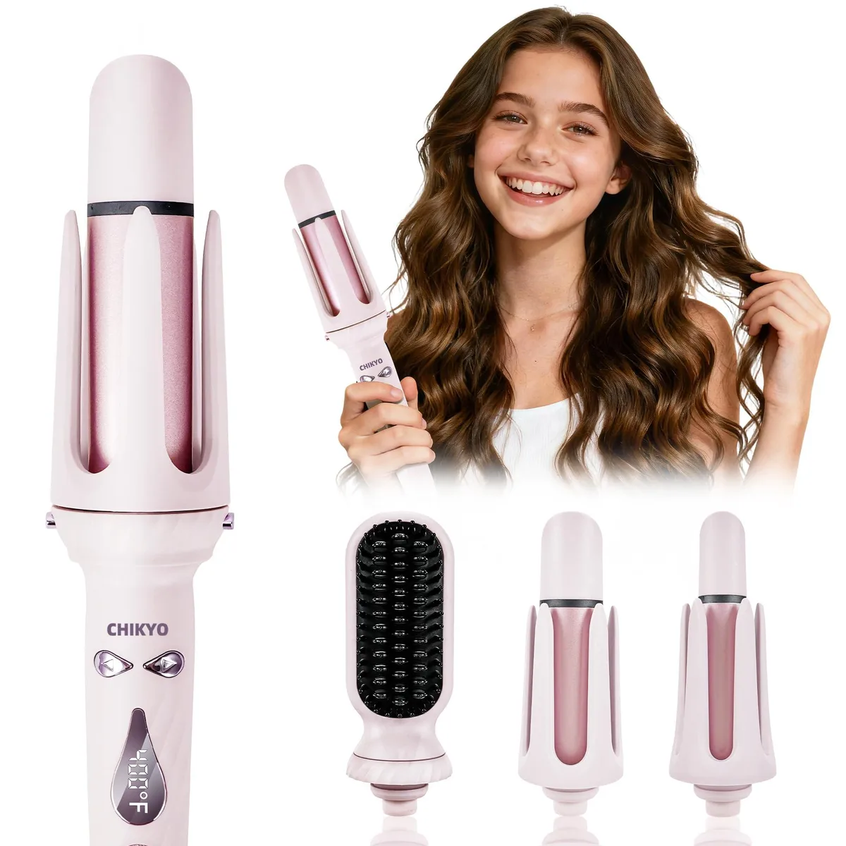 Pink 3-in-1 hair styler with two ceramic barrels and straightening comb attachment