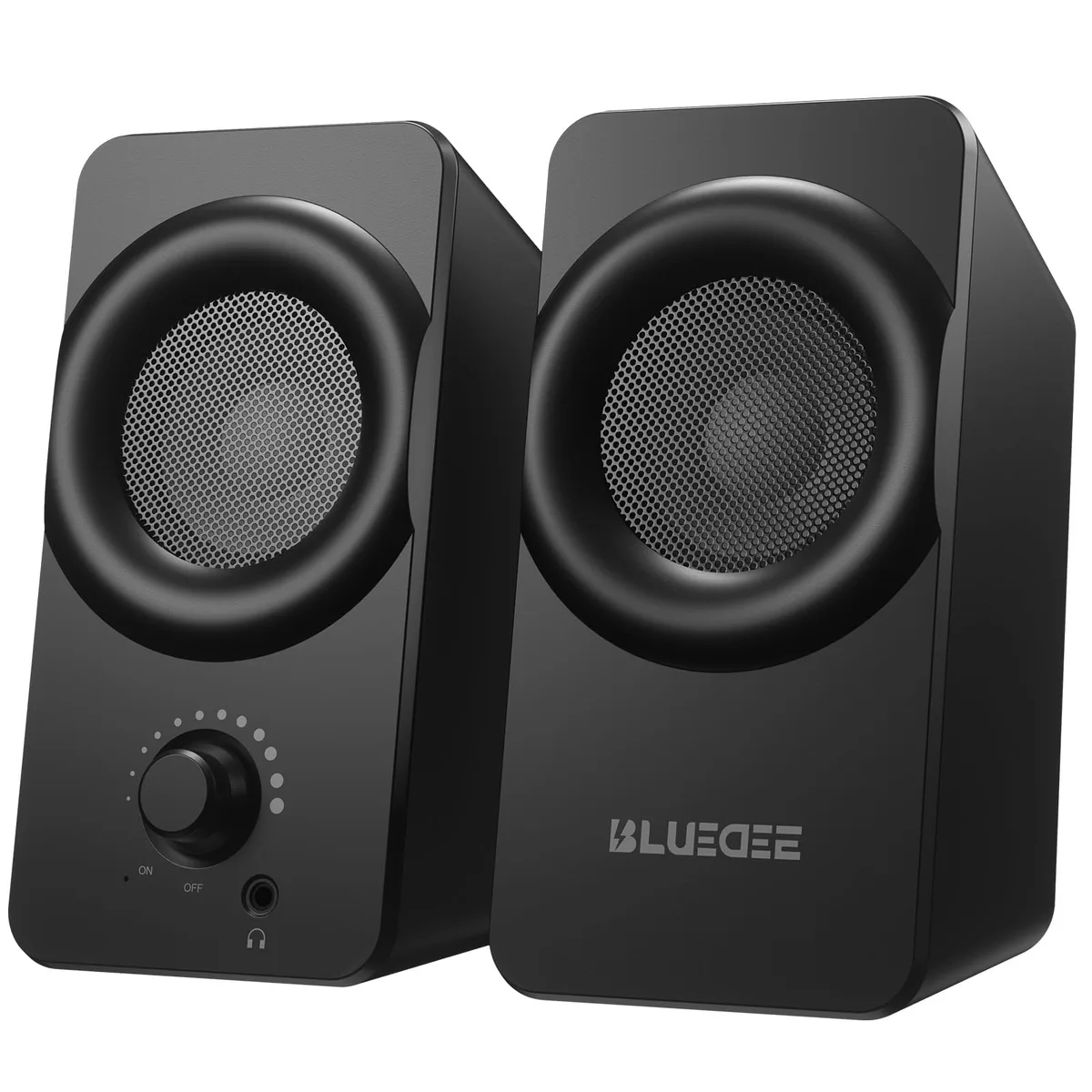 Two compact desktop speakers with RGB lighting, front volume knob, USB-C cable, dark finish