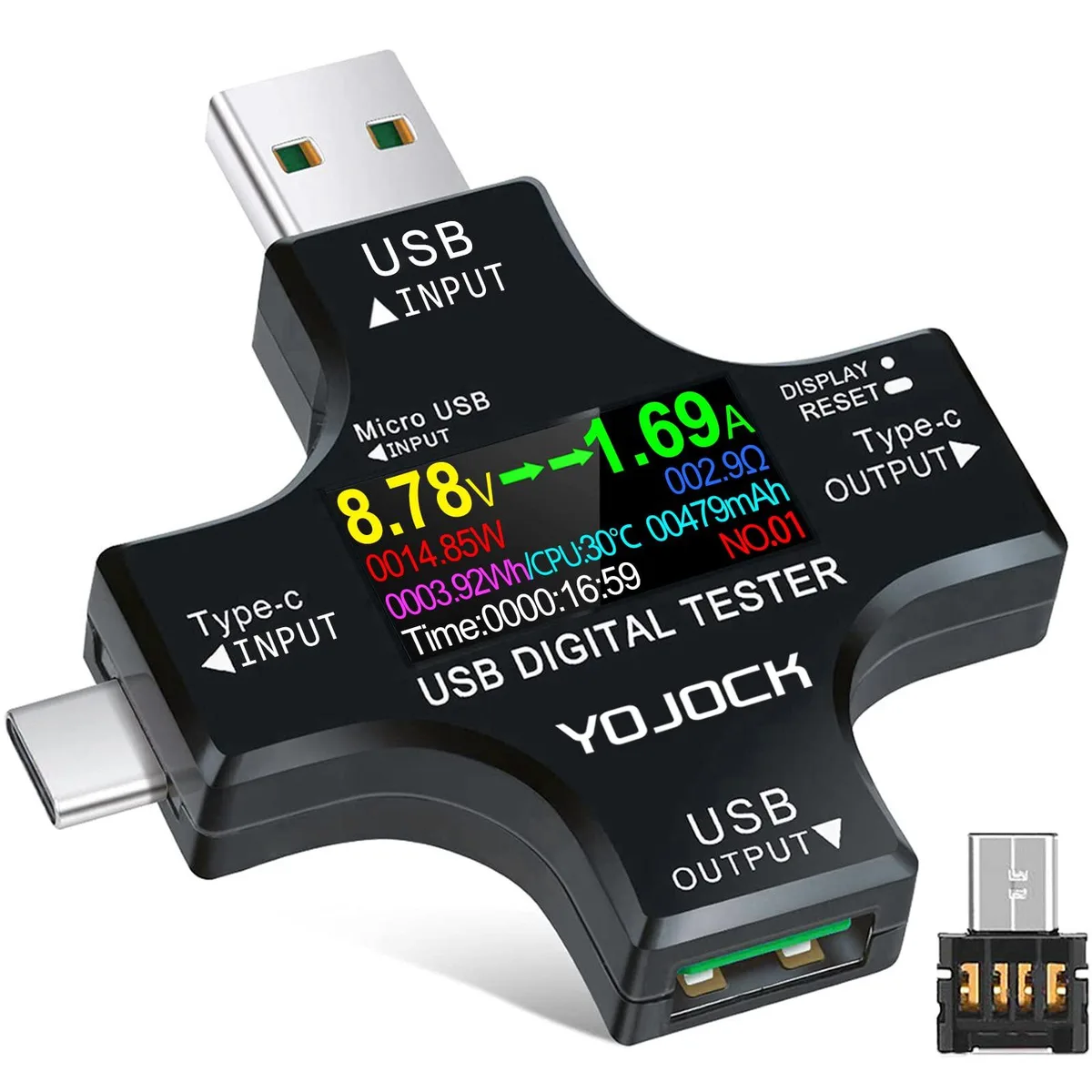 Small rectangular USB-C tester with colour IPS screen, 7.1 by 3.2 by 1.2 cm
