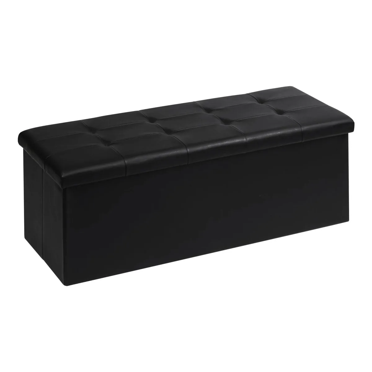 Black rectangular folding storage ottoman bench with faux leather finish and tray, 43.3 by 15 by 15 inches